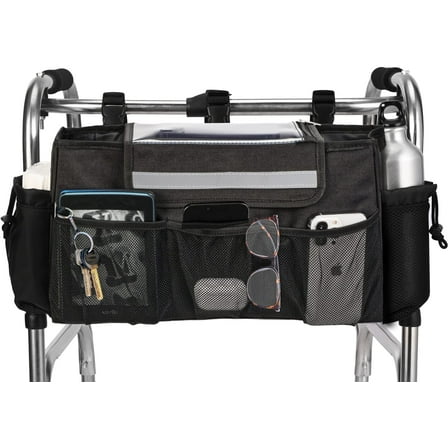 Walker Bag Multi-Pocket Fabric Walker Bag with Cup Holder, Black