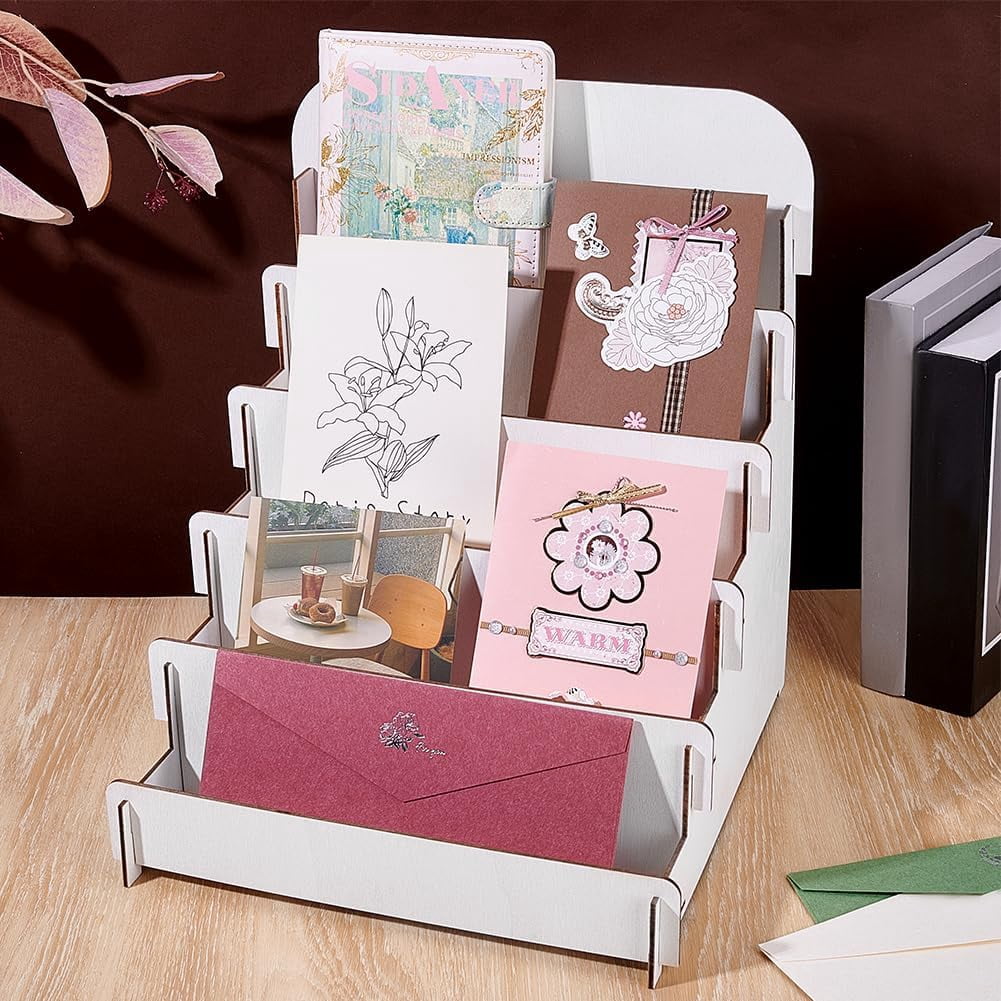 PH 5 Tier Card Display Stand Index Card Holder Greeting Card Organizer Sticker Display Stand Birthday Card Christmas Card Holder Portable Rack for Vendors Cafe Home 11.8x11.8x14 Inch White