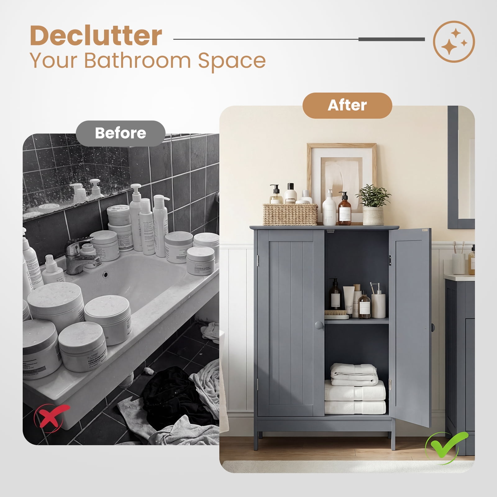 Giantex Bathroom Floor Cabinet, Wooden Freestanding Storage Cabinet with Double Doors, Suitable for Bathroom, Living Room, Bedroom, Entryway