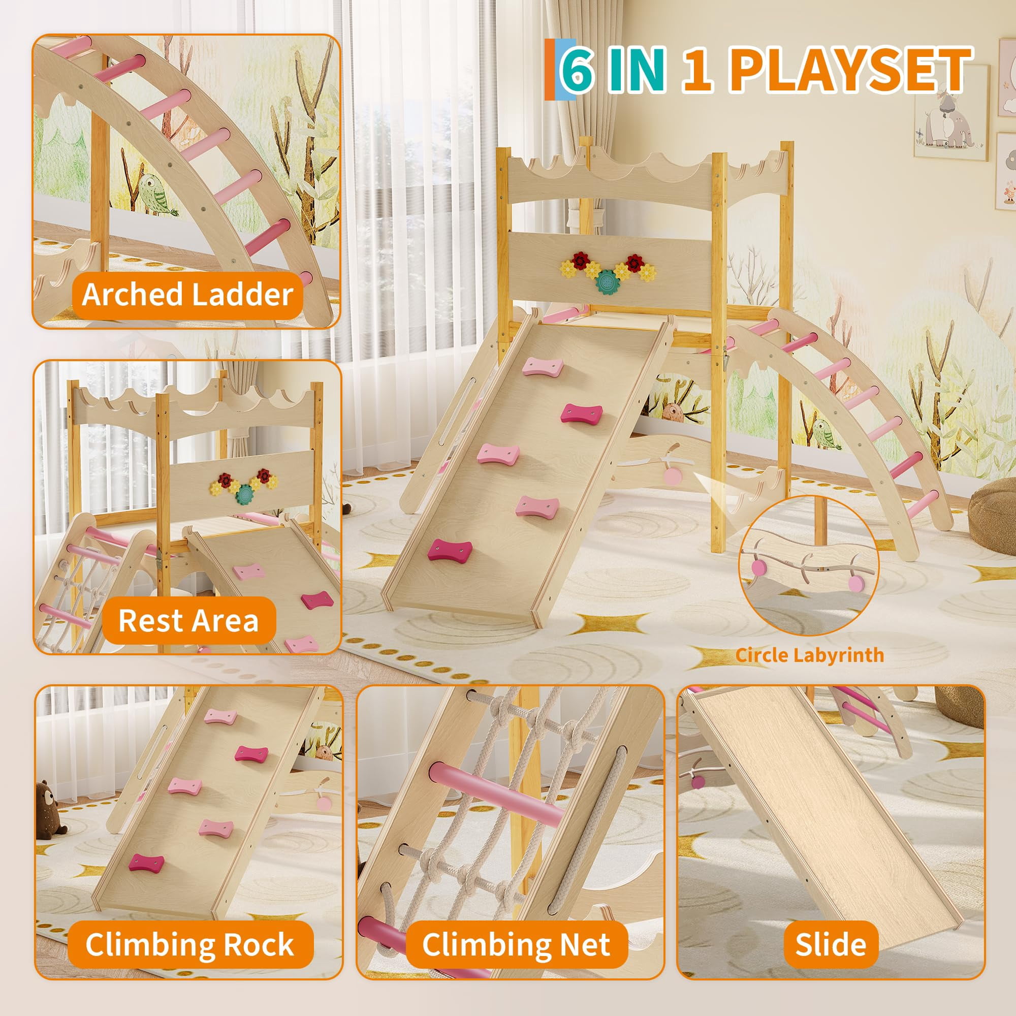 Wooden Kids Climbing Toys,6-in-1 Indoor Jungle Gym - Wooden Montessori Climbing Set with Slide,Climbing Rock & Net,Ladder,Rest Area,and Circle Labyrinth - Indoor Playground Climber Set for Toddlers