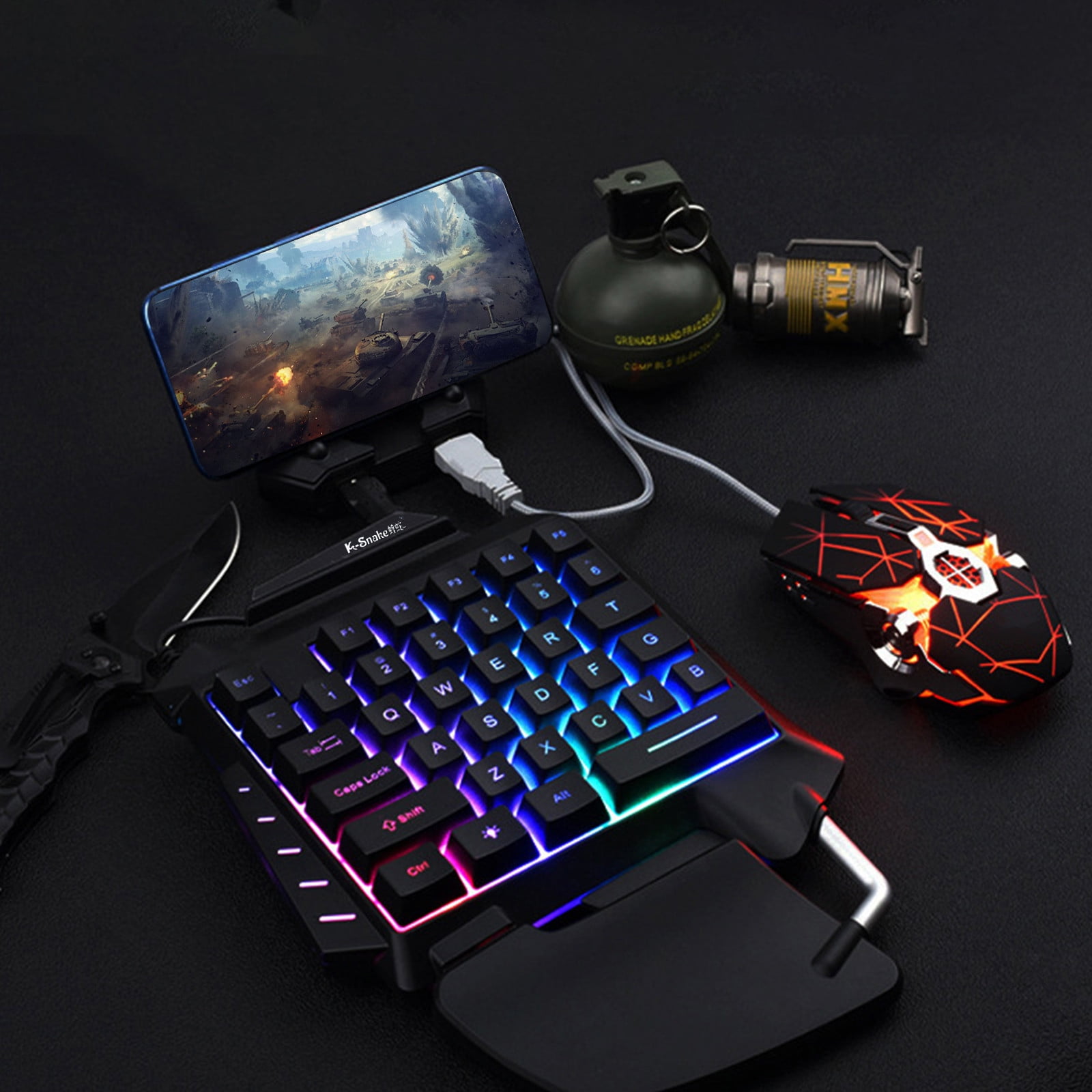 One-Handed Mobile Gaming Keyboard, Ergonomic Tilted Layout, RGB Backlit, Anti-Ghosting, Wired 35-Key, Plug & Play, Portable for Mobile Games