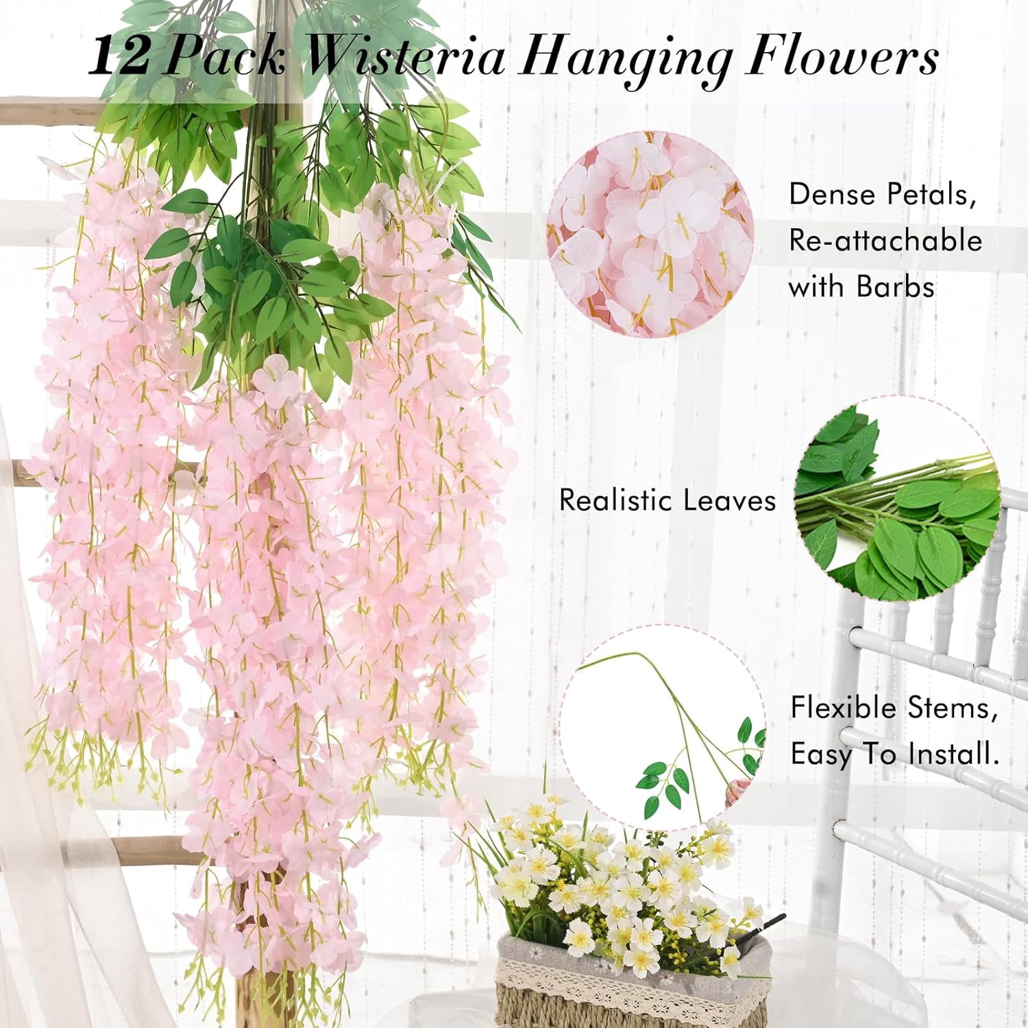 Wisteria Hanging Flowers, 3.6 Feet/Pcs Pink Wisteria Artificial Flowers, Fake Wisteria Flowers Garland, Hanging Wisteria Vines for Bedroom Wedding Home Party Wall Decoration