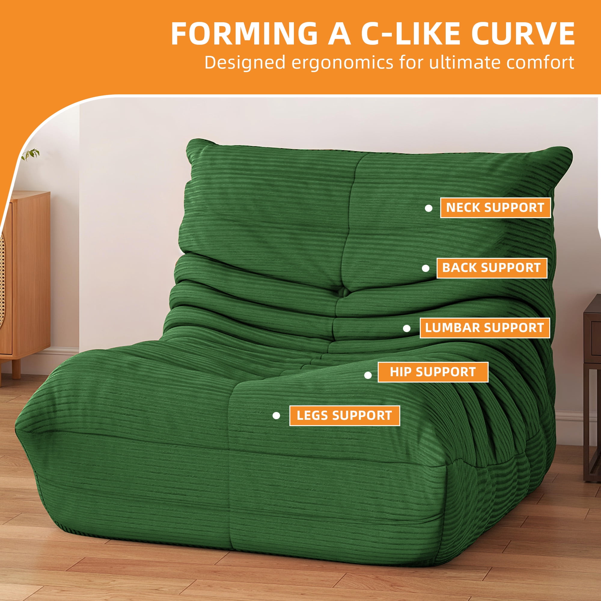 Craftian Bean Bag Chair with High Back, Giant Lazy Floor Sofa for Adult, Single Comfy Togo Sofa with Memory Foam, Green