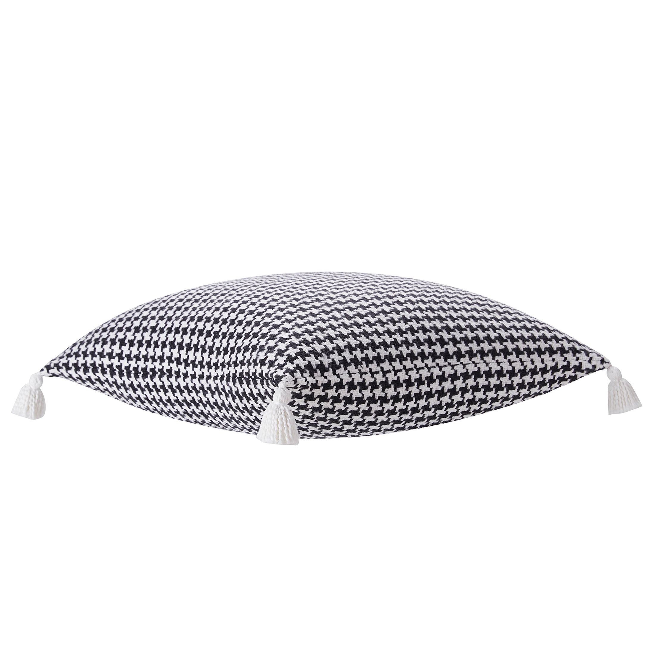 Beautiful Tonal Houndstooth Cotton Decorative Pillow with Tassels by Drew Barrymore, 22" x 22", Black