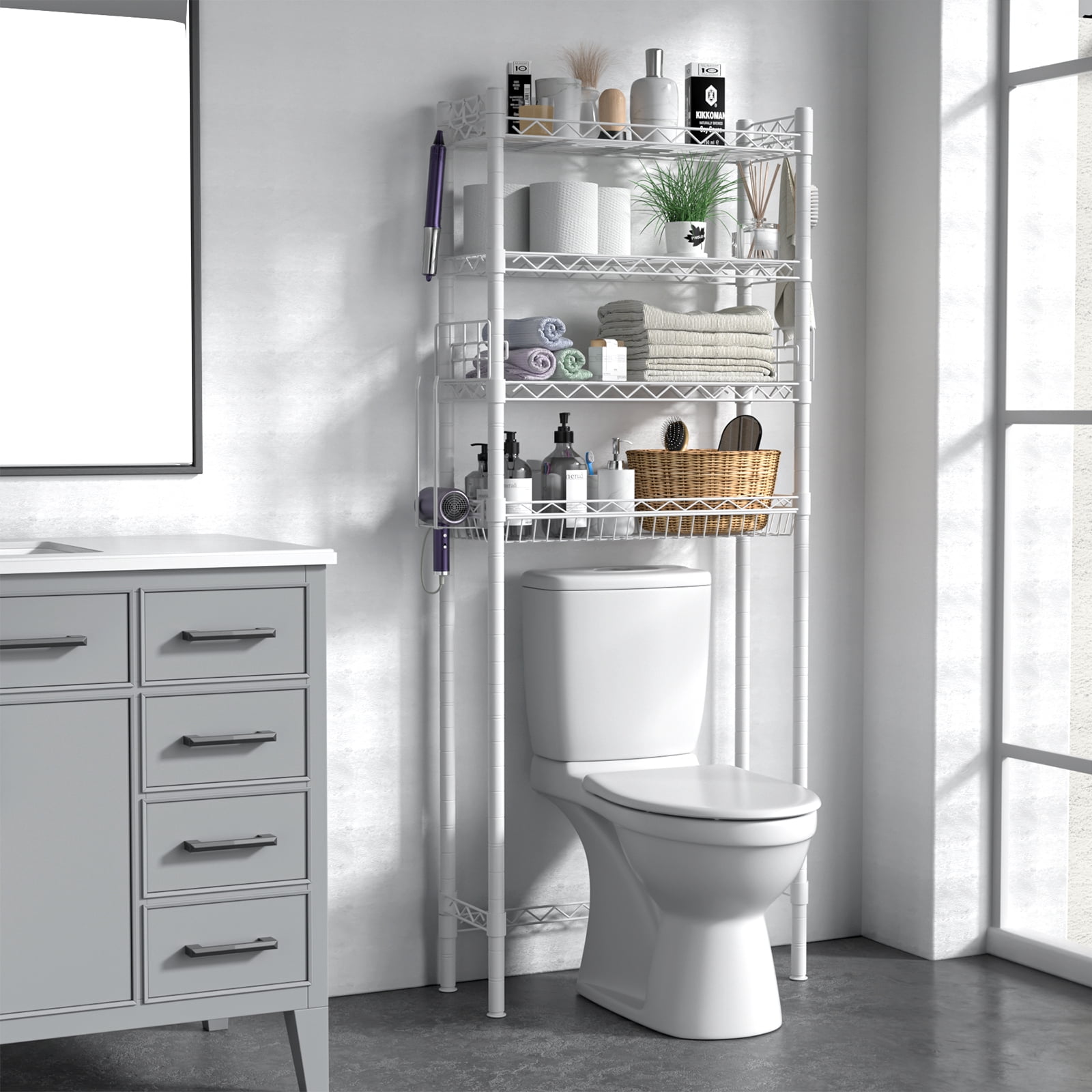 Over The Toilet Storage, Bathroom Organizer Shelves Space Saver Over Toilet, Above Toilet Storage Rack, Over-The-Toilet Storage Shelf, White