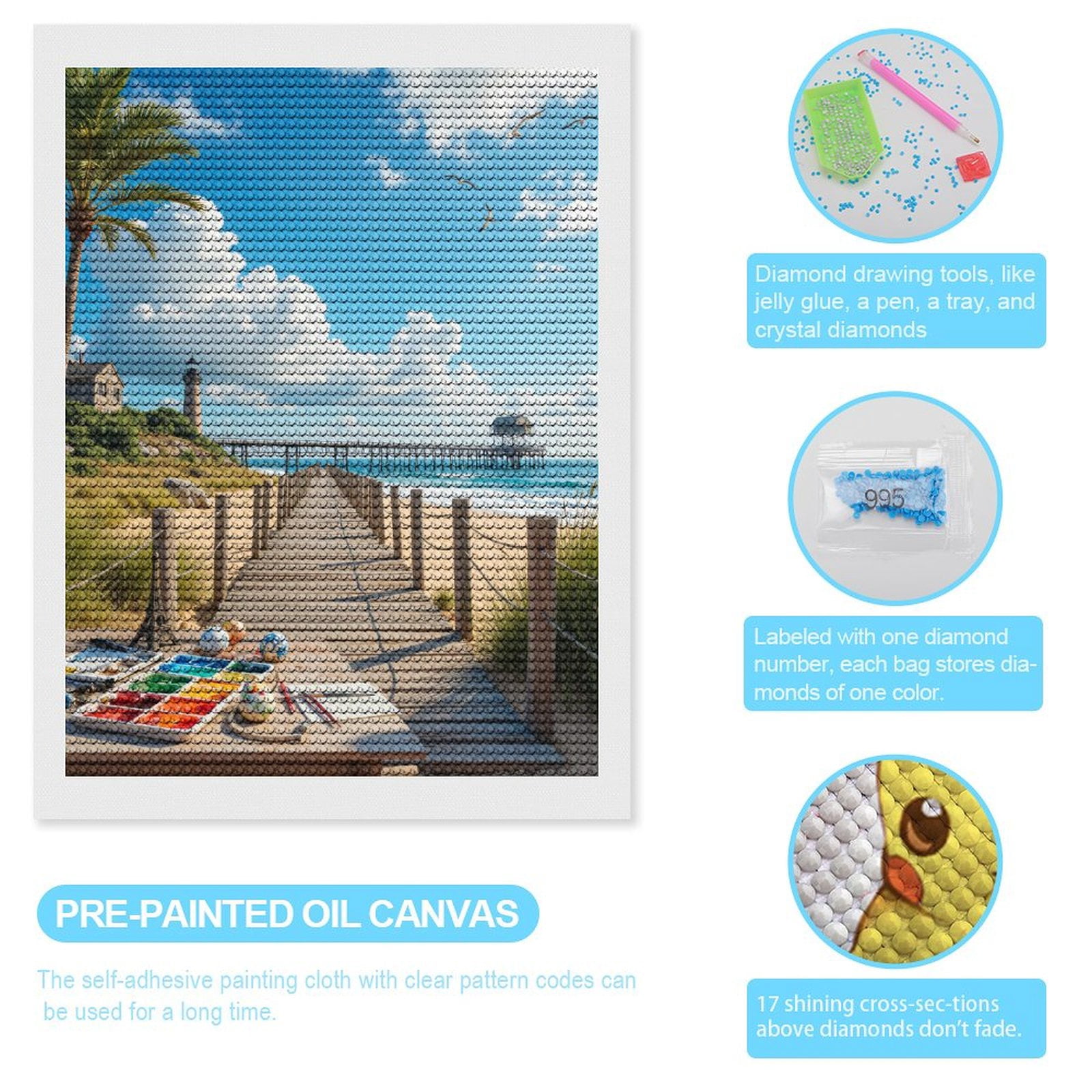 Diamond Art Kits for Adults, Lighthouse Beach Painting Pier Walkway 5D Diamond Painting Kits for Adults Beginners, DIY Full Drill Diamond Painting, Gem Art and Crafts 12x16