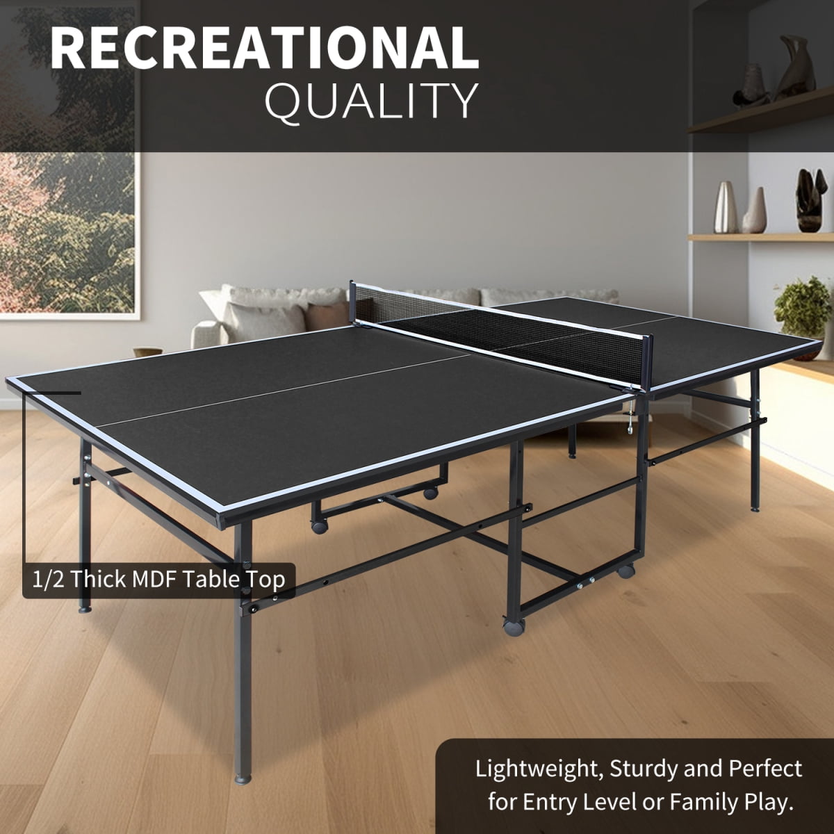 LuckyNote 8.5x4.3ft Portable Table Tennis Table, Mid‑Size Ping Pong Set with Net, 2 Rackets & 3 Balls, Foldable for Office or Apartment, Black