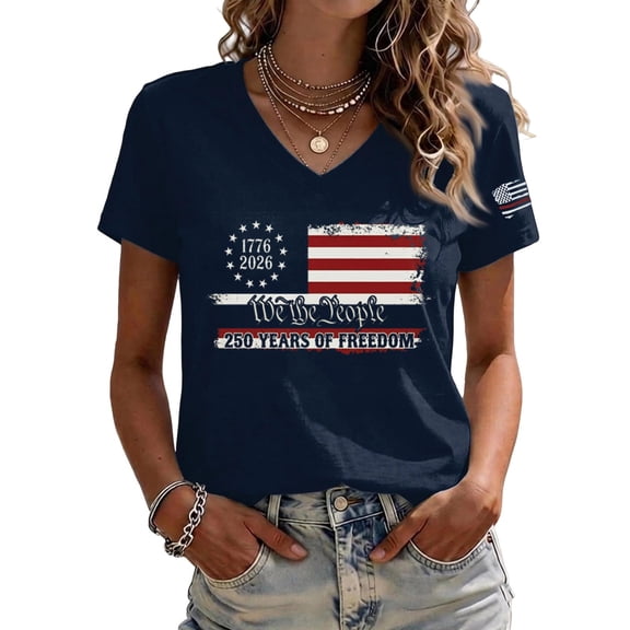 250 Anniversary USA Shirt Women American Flag Shirts V Neck 4th of July T Shirt 250 Years Patriotic Tees Navy XXL