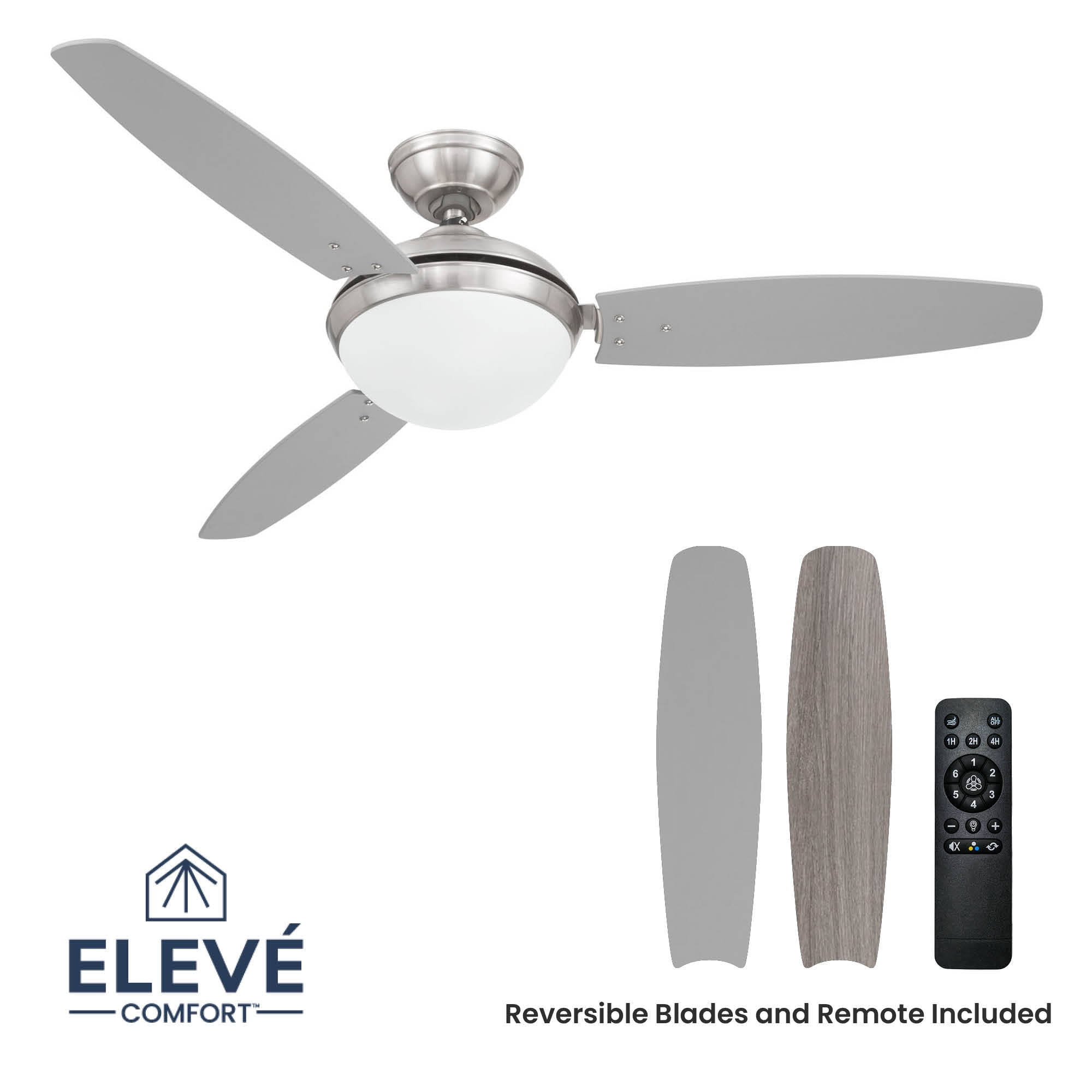 Brushed Nickel 52 Inch 3 Blade Indoor Ceiling Fan, Ideal for Bedrooms and Living Rooms, Quiet DC Motor, LED Light with Remote, Eleve Comfort