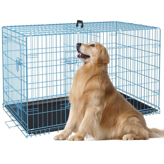 Heavy Duty XXL Dog Crate 48 Inch Metal Wire Folding Cage for Large Dogs, Removable Tray Double Door Divider Panel Handle, Pet Kennel Indoor Outdoor Use, Blue