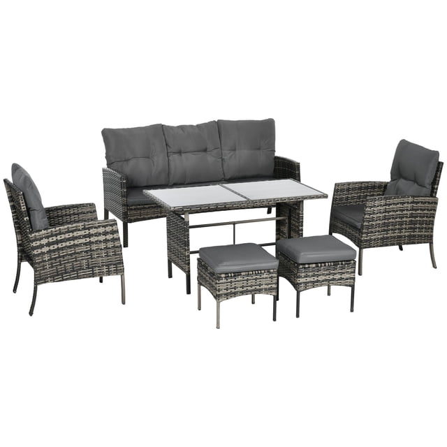 6-Piece Outdoor Patio Furniture Set, Grey PE Rattan Wicker Conversation Set with Sofa, 2 Armchairs, 2 Ottomans and Glass Top Coffee Table for Backyard, Porch, Garden and Deck