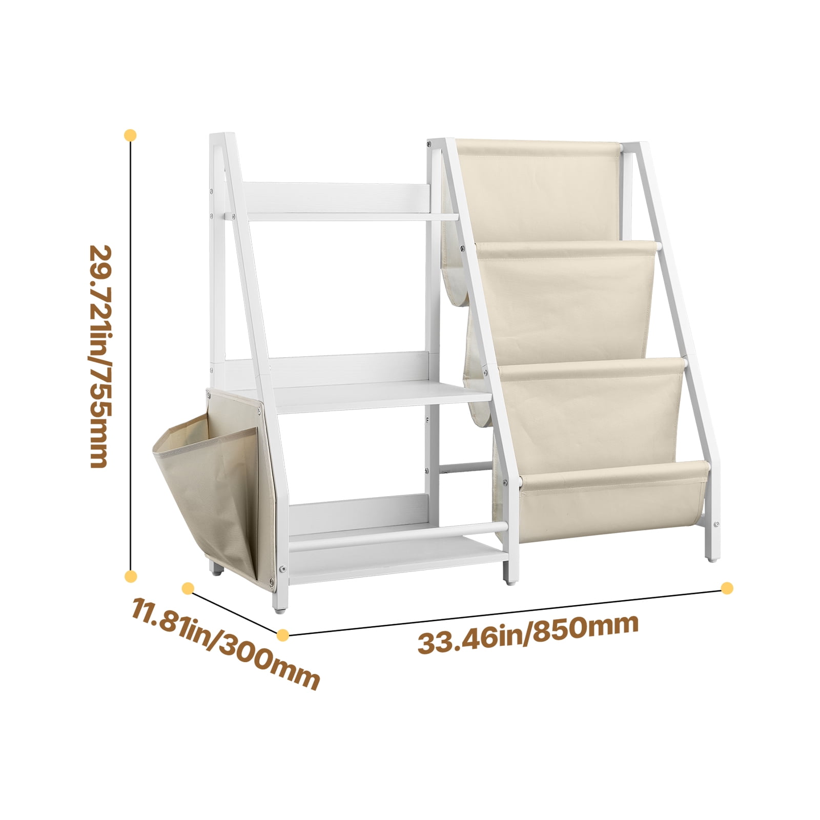 KFFKFF 3-Tier Children's Bookshelf with Toy Organizer, Sling Book Rack, and Storage Bag, Ideal for Kids' Rooms, Playrooms, Kindergartens, and Nurseries