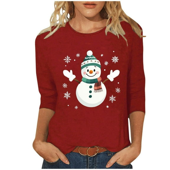 LiMoi Women's Festive Round Neck Blouse with 3/4 Sleeve and Whimsical Christmas Snowman Print Tees Tshirts Tops Shirts My Items