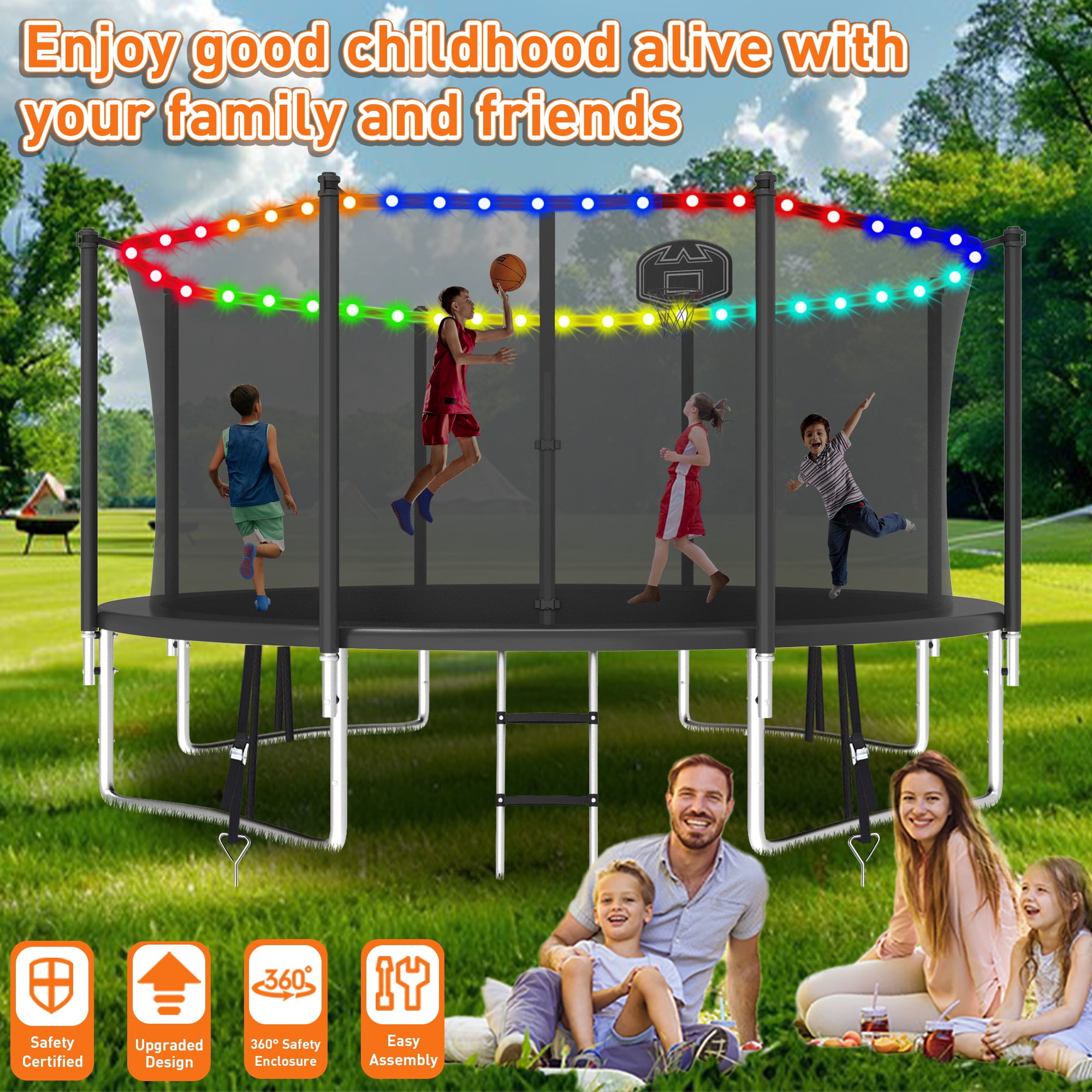 WOWLAND 12FT Trampoline for Kids and Adults 1200LBS Weight Capacity, Heavy Duty Outdoor Trampolines with Basketball Hoop and Enclosure Net, Wind Stakes for Backyard, Birthday Gift