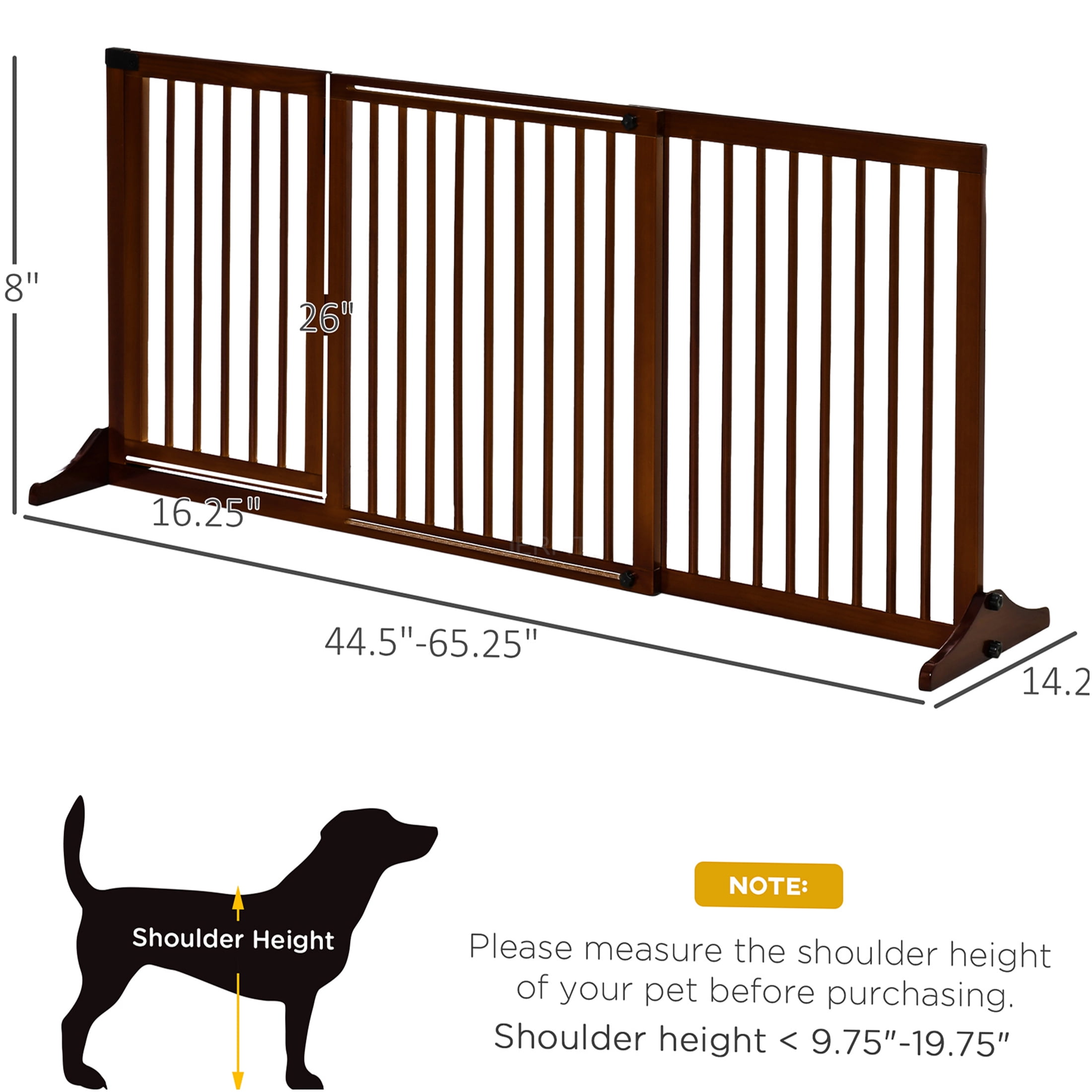 JERFIT Adjustable 3-Panel Freestanding Pet Gate with Locking Door, 44.5"-65.25" L x 28" H, Brown Wood Dog Fence for Doorways & Stairs