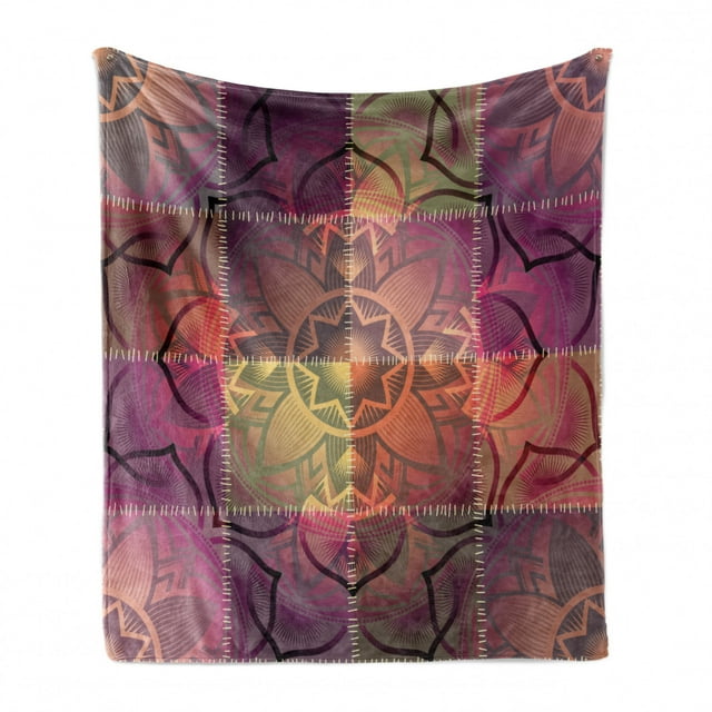 Ethnic Soft Flannel Fleece Blanket, Seamless Pattern of Mandala Motif in Ombre Paisley on Patchwork Like Artwork Image, Cozy Plush for Indoor and Outdoor Use, 50" x 70", Multicolor, by Ambesonne
