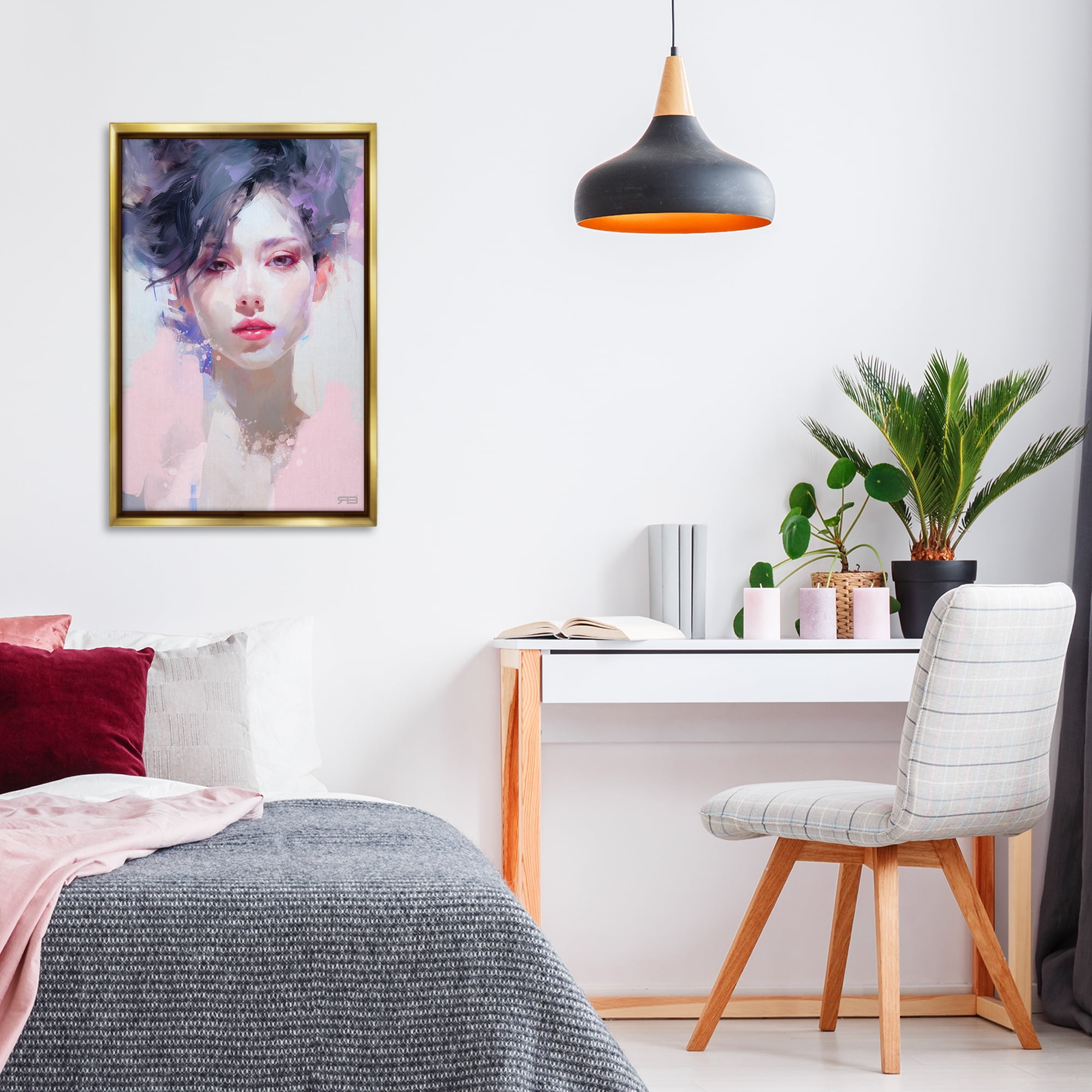 Stupell Industries Purple Haired Woman Novelty Painting Gold Floater Framed Art Print Wall Art, 21 x 31