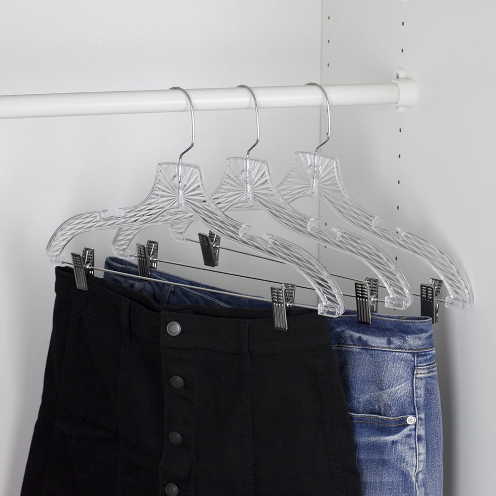 Home Basics Graceful Curve Crystal Plastic Hanger with Metal Pants Clip, (Pack of 3), Clear