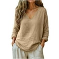 thumbnail image 3 of UTSJKR Women's Casual Cotton Linen V Neck Long Sleeve Tee Shirts Spring Summer Oversized Loose Solid Tunic Blouses Tops 2026 Khaki XXL, 3 of 7