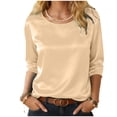 thumbnail image 4 of idosla Womens Silk Satin Shirts 3/4 Length Sleeve Crewneck Lightweight Going Out Tops Loose Casual Blouses Business Outfits (Beige, S), 4 of 9