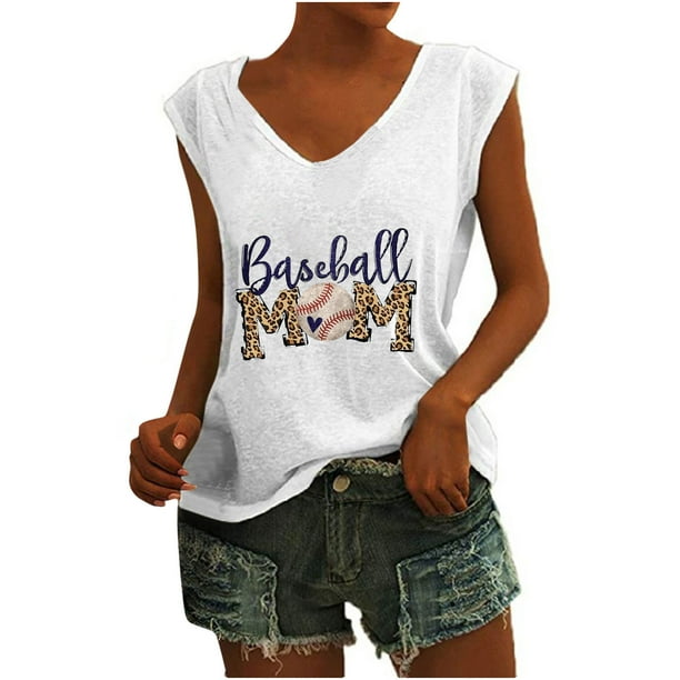 Camisetas sin mangas con cuello en V de verano para mujer, camisetas de manga corta con estampado de elementos de béisbol Retro OAVQHLG3B Store lin121212
