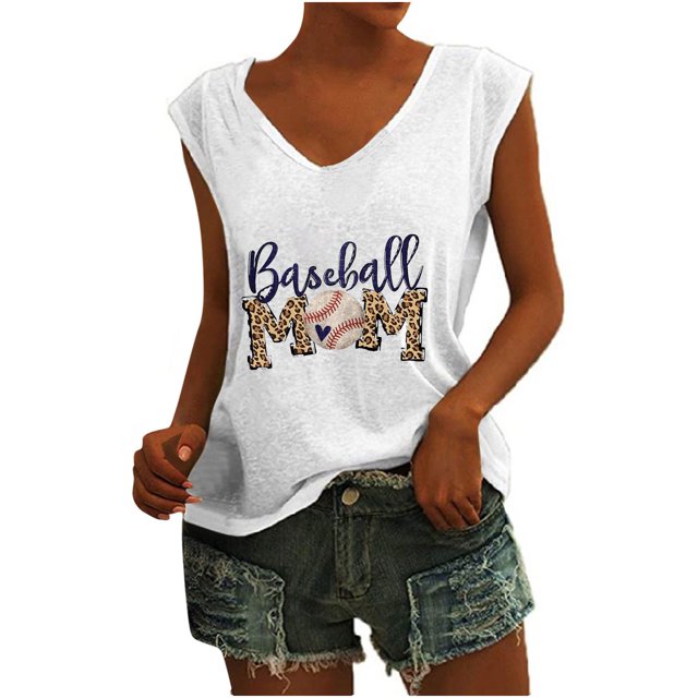 Camisetas sin mangas con cuello en V de verano para mujer, camisetas de manga corta con estampado de elementos de béisbol Retro OAVQHLG3B Store lin121212