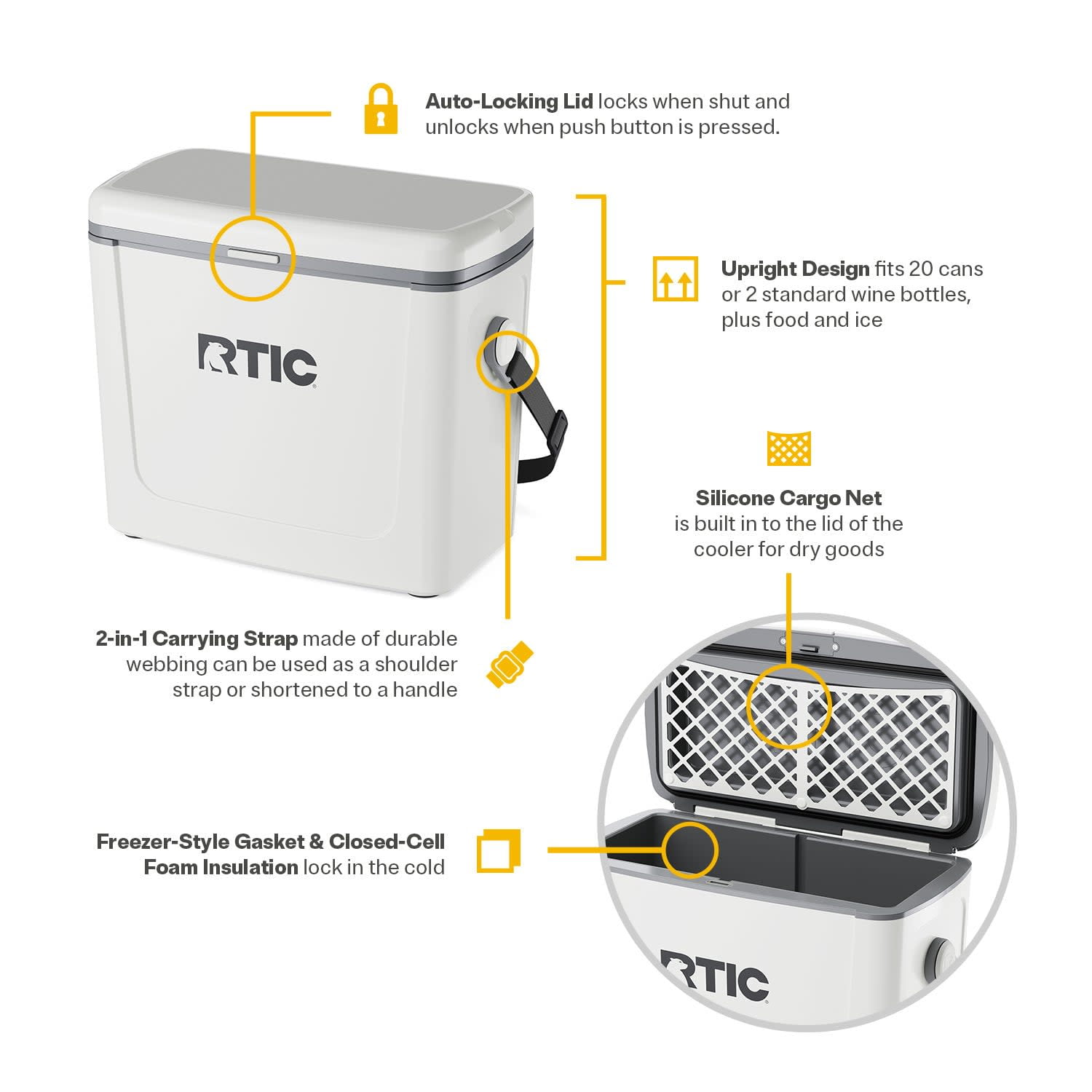 RTIC Road Trip 16 Qt Hard-Sided Cooler, Fits 12 Cans, White & Grey