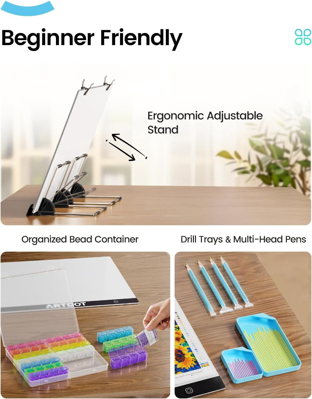 A3 LED Light Pad for Diamond Art Kits for Adults, USB Powered Light Board Kit, Adjustable Brightness with Diamond Painting Tools Detachable Stand and Clips