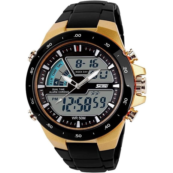 Men's Analog Digital 50M Waterproof Sports Watch Military Multifunction Stopwatch Alarm Backlight Gold Watch