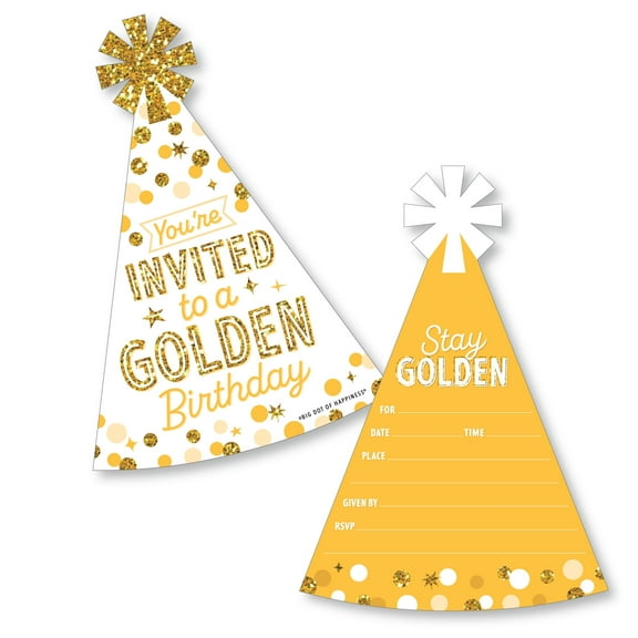 Big Dot of Happiness Golden Birthday - Shaped Fill-In Invitations - Happy Birthday Party Invitation Cards with Envelopes - Set of 12