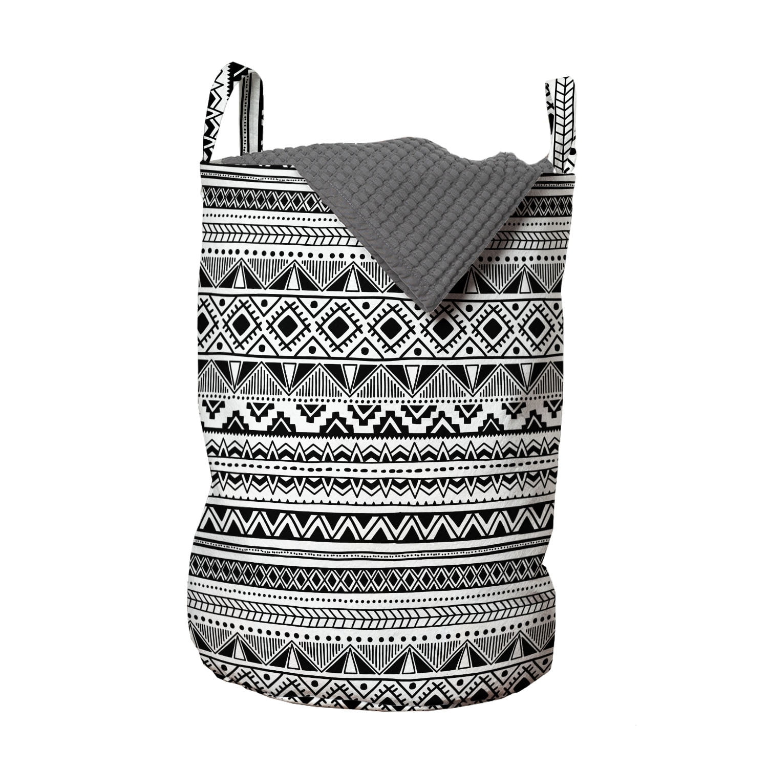 Ethnic Laundry Bag, Black and White Geometric Ornament Hand Drawn Style ...