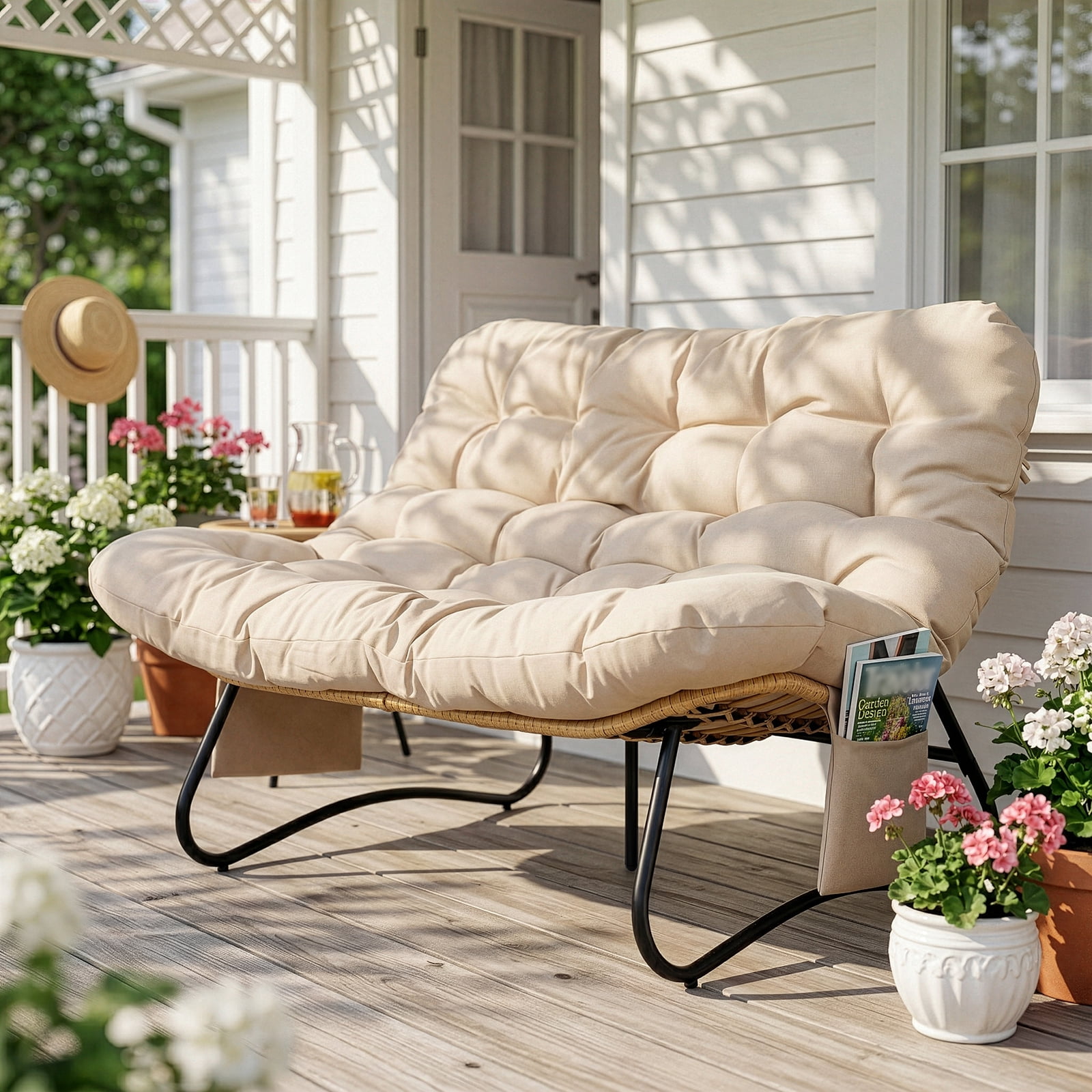 2-Seater Curved Wicker Loveseat with Magazine Pockets & Beige Cushion, 133x94x87cm