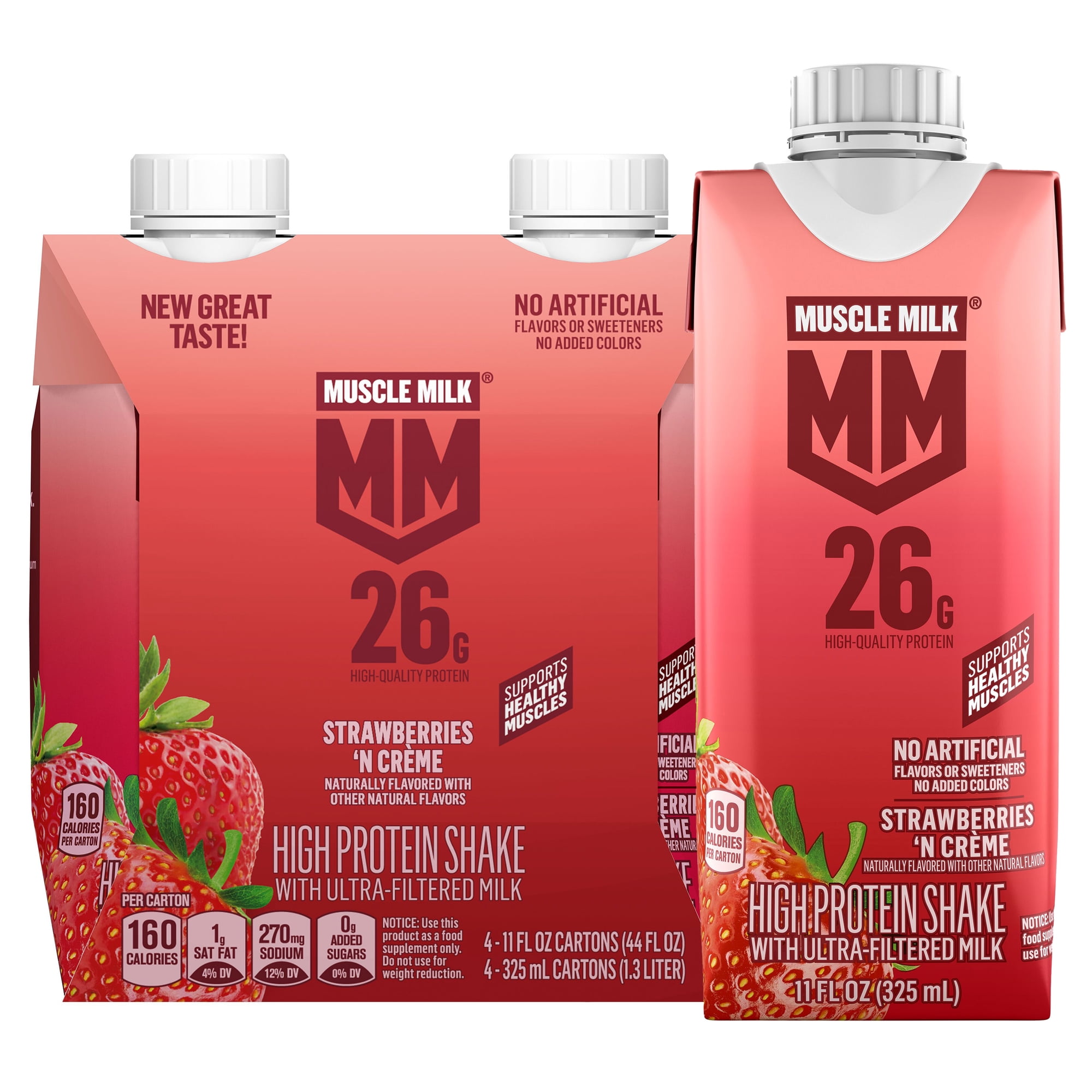 Muscle Milk 26g High Protein Shake, Strawberries N' Creme, Ultra- Filtered Milk 11 fl oz, 4 pack