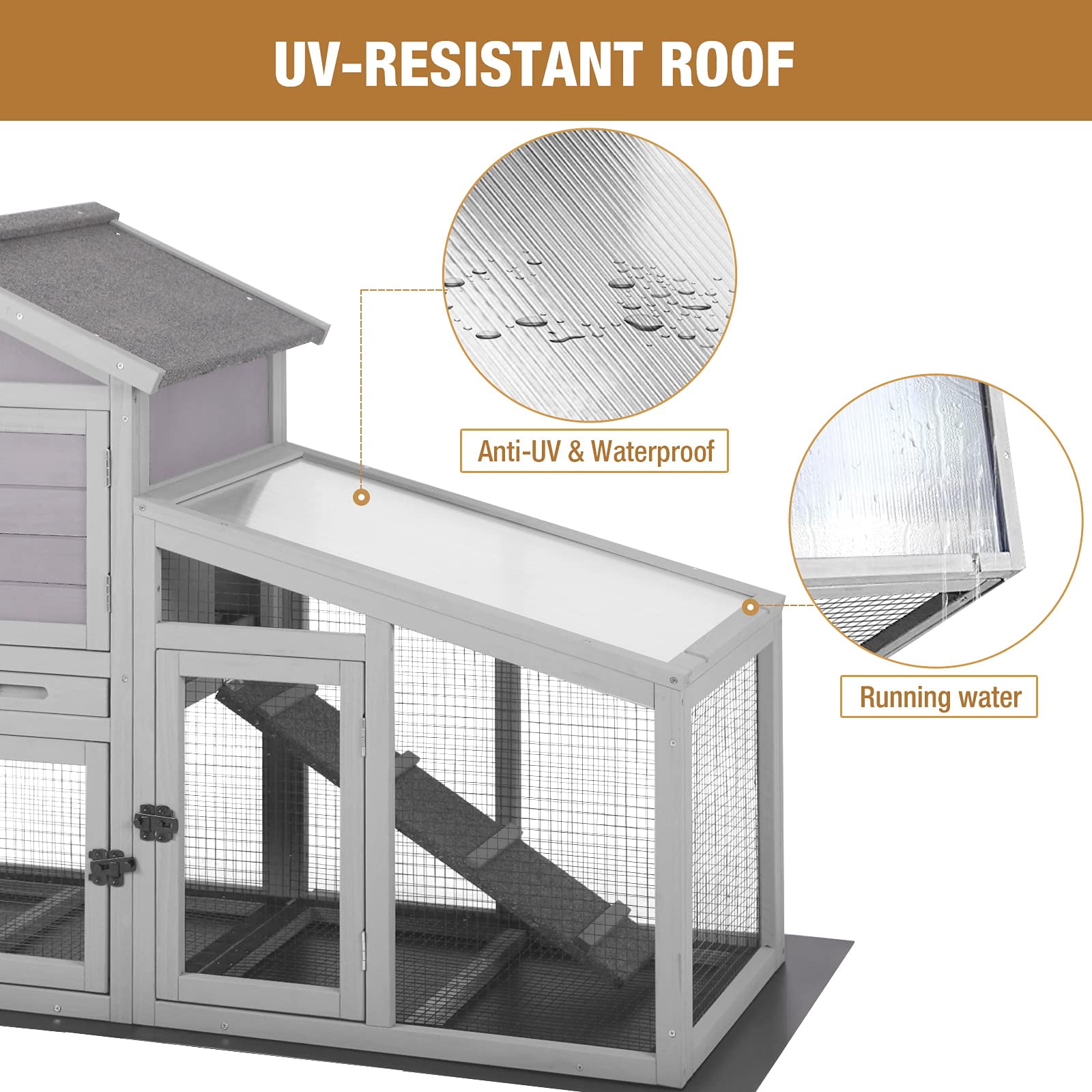 MEDEHOO Wooden Rabbit Hutch - Outdoor/Indoor Bunny Cage with Run, Pull-Out Upper Tray, 51.6"L x 25.2"W x 36.2"H, Grey