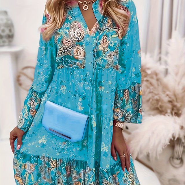 Vestido Bohemio De Talla Grande, Vestido De Manga Larga Con Estampado Floral Y Cuello Con Muescas Hasta La Rodilla Para Mujer