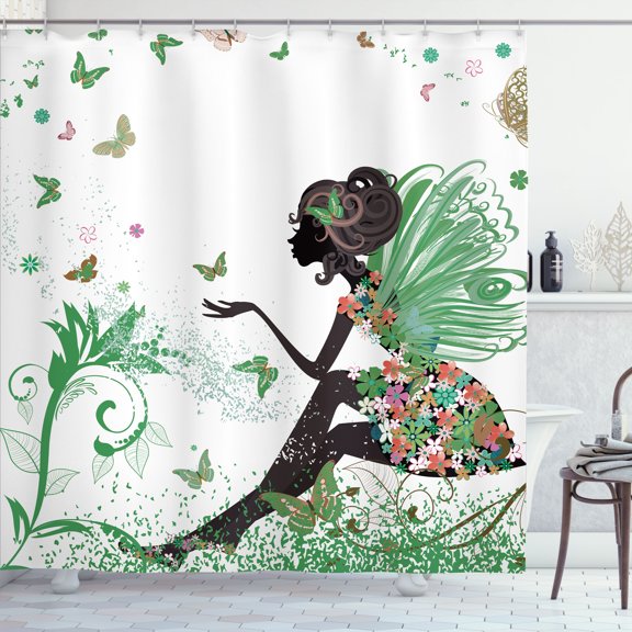 Ambesonne Fantasy Shower Curtain, Spring Wings Floral Print, 69"Wx75"L, Fern Green