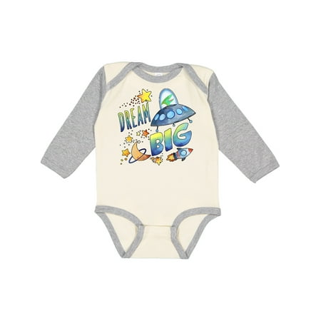 

Inktastic Dream Big Cute Space Dinosaur Flying Spaceship Gift Baby Boy or Baby Girl Long Sleeve Bodysuit