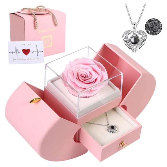 Collar de rosa rosa preservada de Moshen con 100 idiomas de amor