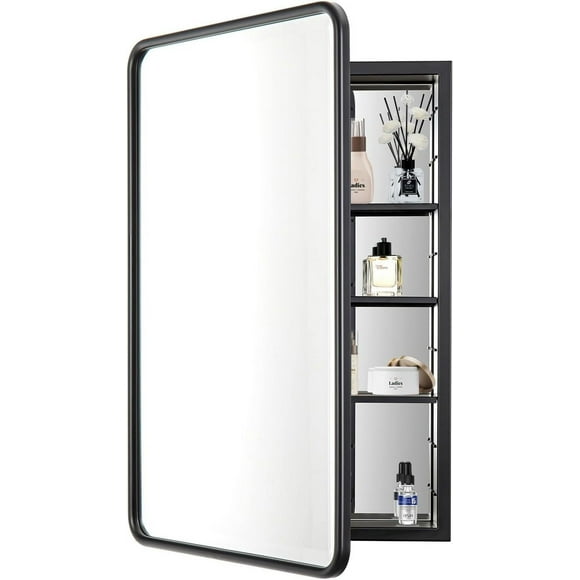 YOOSHINE Black Bathroom Medicine Cabinet with Mirror, 21 x 34 Metal Frame Recessed Or Wall Mounted Single Door Storage Medicine Cabinet with Tilting Beveled Vanity Mirrors for Wall