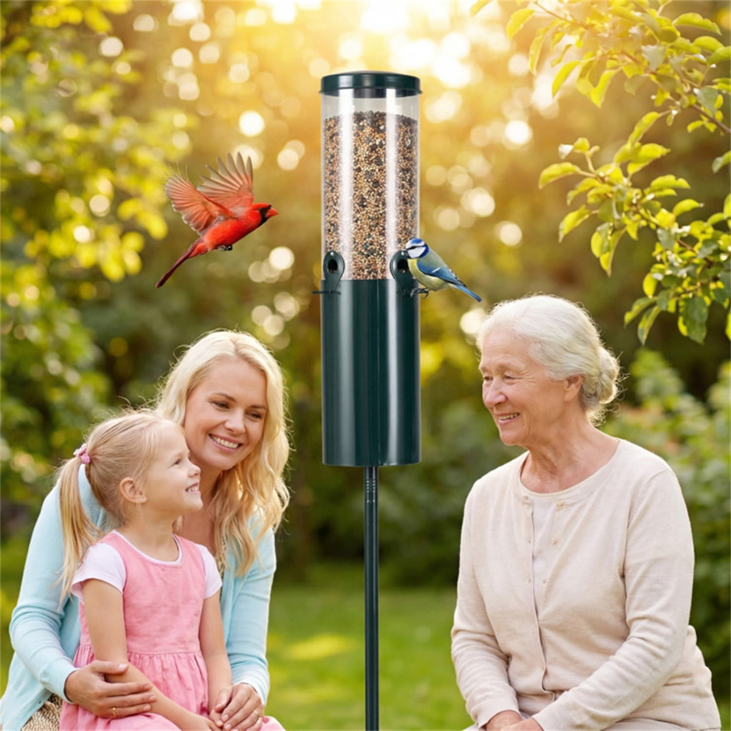 Standing Bird Feeder Squirrel-Proof, 4 Feeding Ports with Perches Heavy-Duty Metal & PC Construction