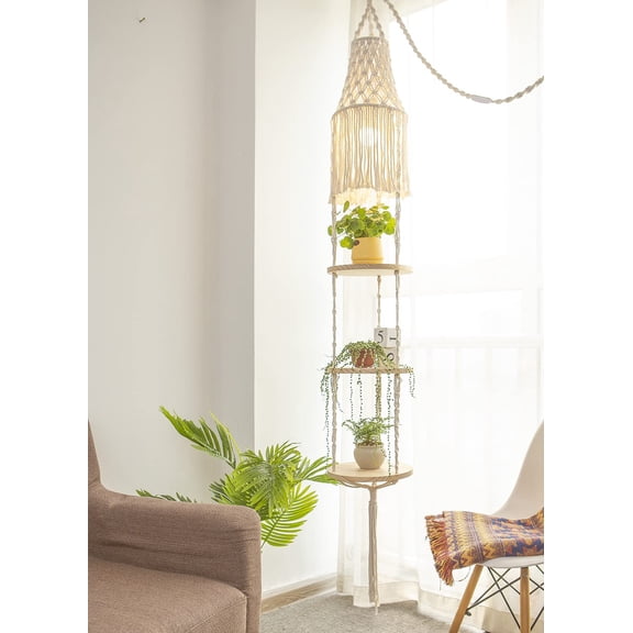 3 Tier Round Floating Shelf Macrame Hanging Planter Display with Boho Lamp Shade