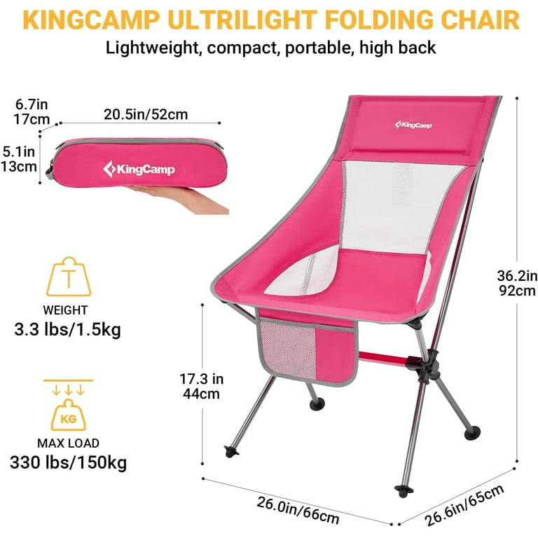 KingCamp Lightweight Portable Foldable Camping Chair for Adults with Carry Bag High Back Support 330lbs Pink Walmart