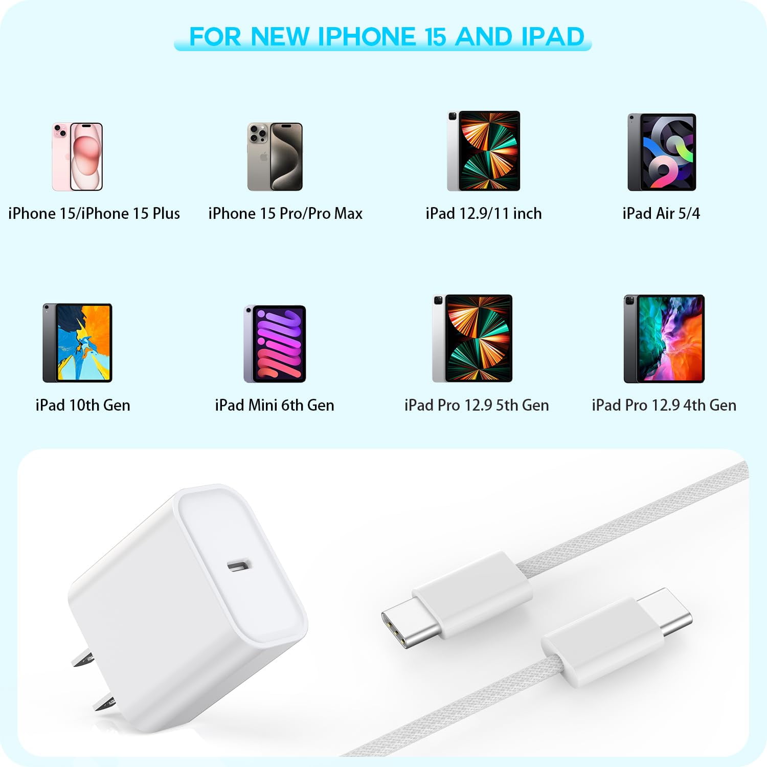 NEOYFC for Charger for iPhone 16e Charge Fast Charging, 20W USB C PD Wall Adapter 2-Pack 6FT Type C to C i Phone 15 Charging Woven Cable Cord