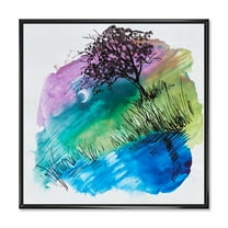 Designart 'Rainbow Silhouette Of Tree On The Riverbank At Night' Modern Framed Canvas Wall Art Print