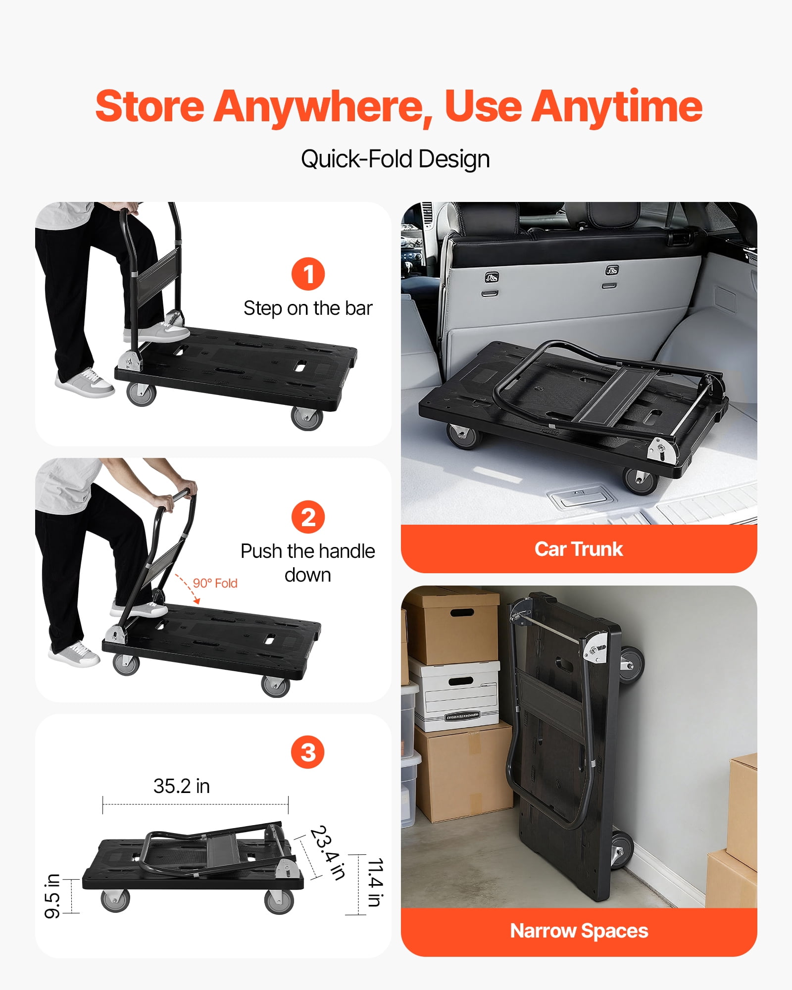 VEVOR Foldable Push Cart Dolly, 1000 lbs Capacity, Folding Platform Truck with Swivel Wheels, Moving Platform Hand Truck Flatbed Cart, Space Saving Push Handle, for Easy Storage,35.2 x 23.4 x 33.5 in