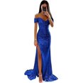 thumbnail image 1 of Vestidos largos de noche con hombros descubiertos y lentejuelas elegantes, vestidos formales de graduación con abertura fruncida de sirena personalizados para fiesta de mujer 2024, 1 of 5