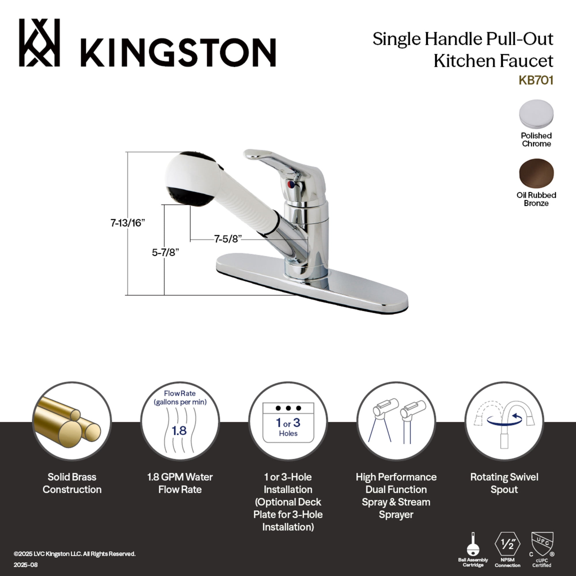 Kingston Brass KB701 Single-Handle 1-or-3 Hole Deck Mount Pull-Out Sprayer Kitchen Faucet in Polished Chrome