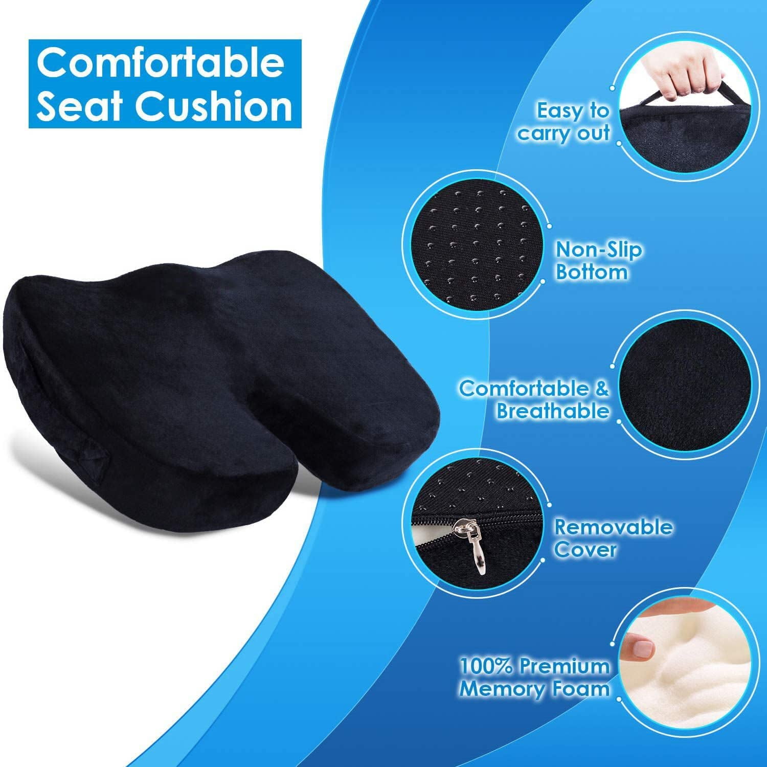 B3LMHCV HUISILK Seat Cushion for Office Chair - 100% Pure Memory Foam Car  Seat Cushion - Tailbone Pain Relief Cushion - Coccyx