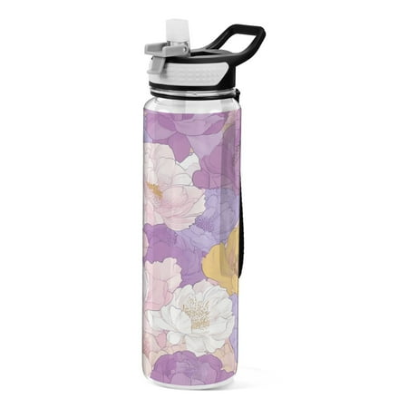 

32oz Transparent Sports Water Bottle with Straw BPA Free Tritan for Kids Adults Outdoor School Gym Fitness Purple and Yellow Peonies
