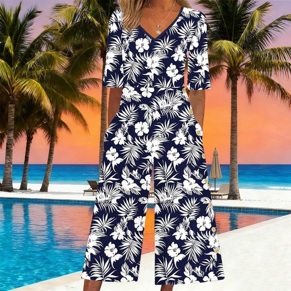 Ynynloco Women's Boho Floral Jumpsuit V Neck Half Sleeve Wide Leg Casual Jumpsuit with Pockets for Beach